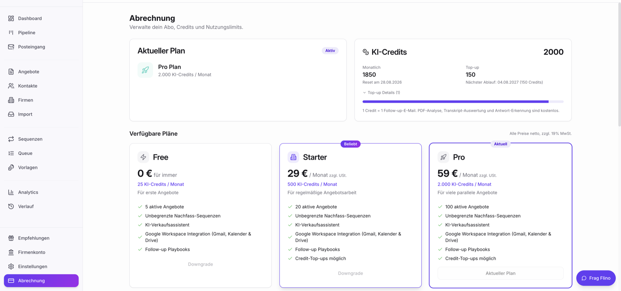 Screenshot: Abrechnungs-Page mit Credits-Bar und Plan-Vergleich