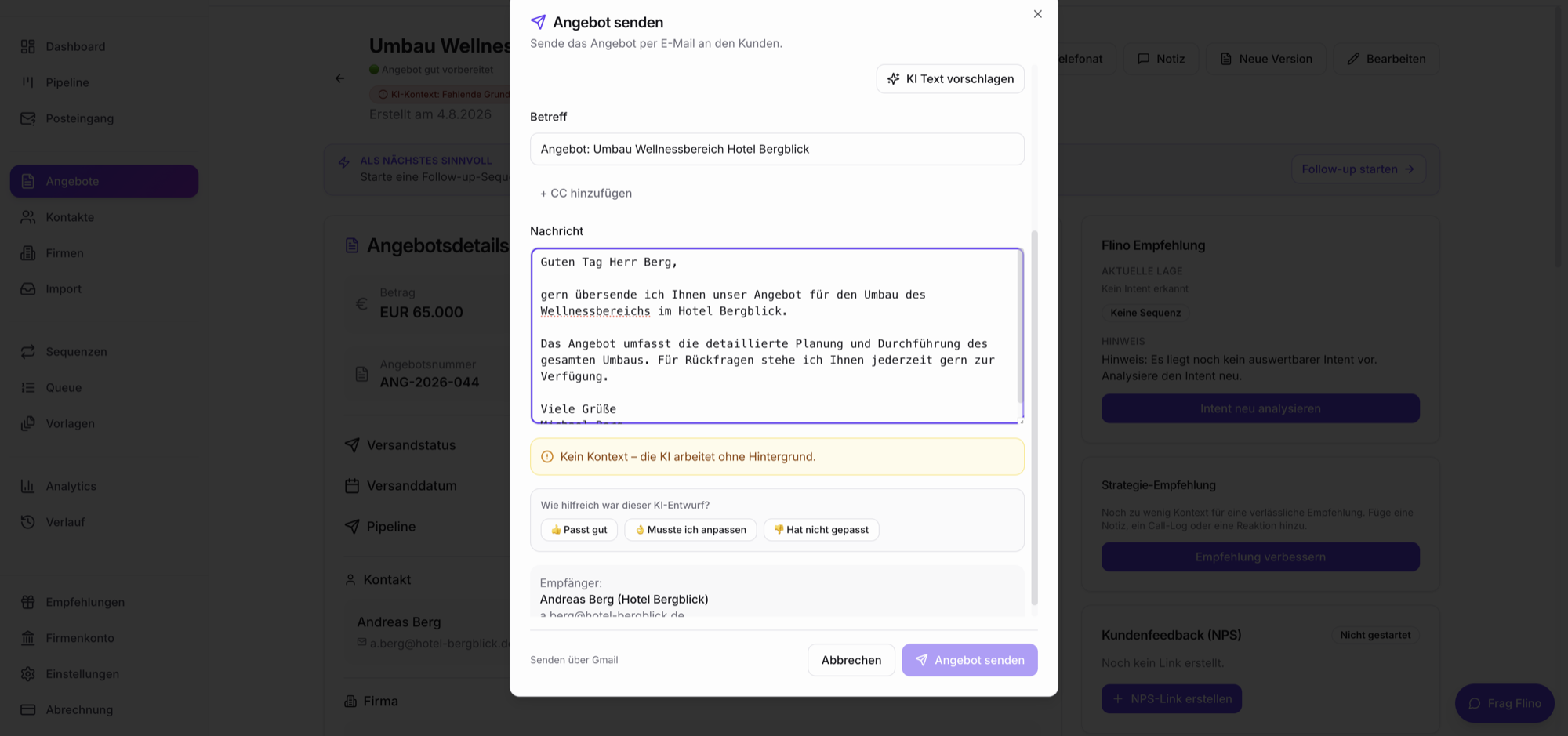 Screenshot: Versand-Dialog mit KI-Entwurf und Annahme-Link