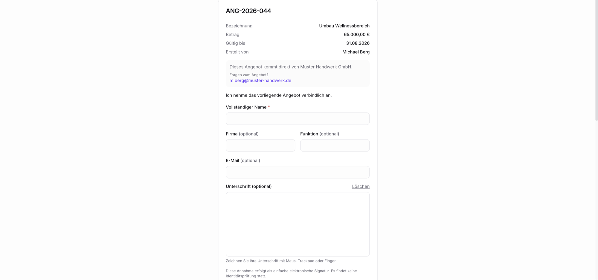 Screenshot: Acceptance-Seite aus Empfängersicht