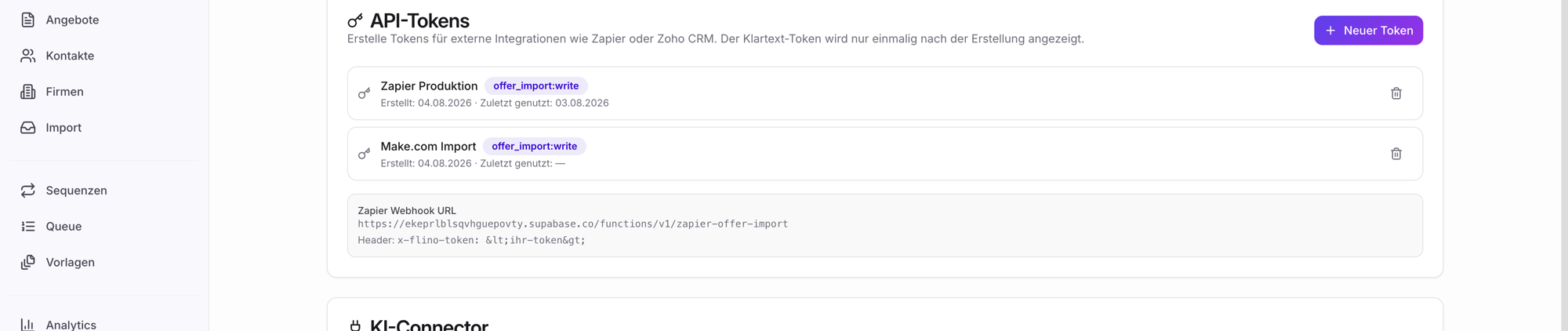 Screenshot: Sektion API-Tokens mit Liste aktiver Tokens