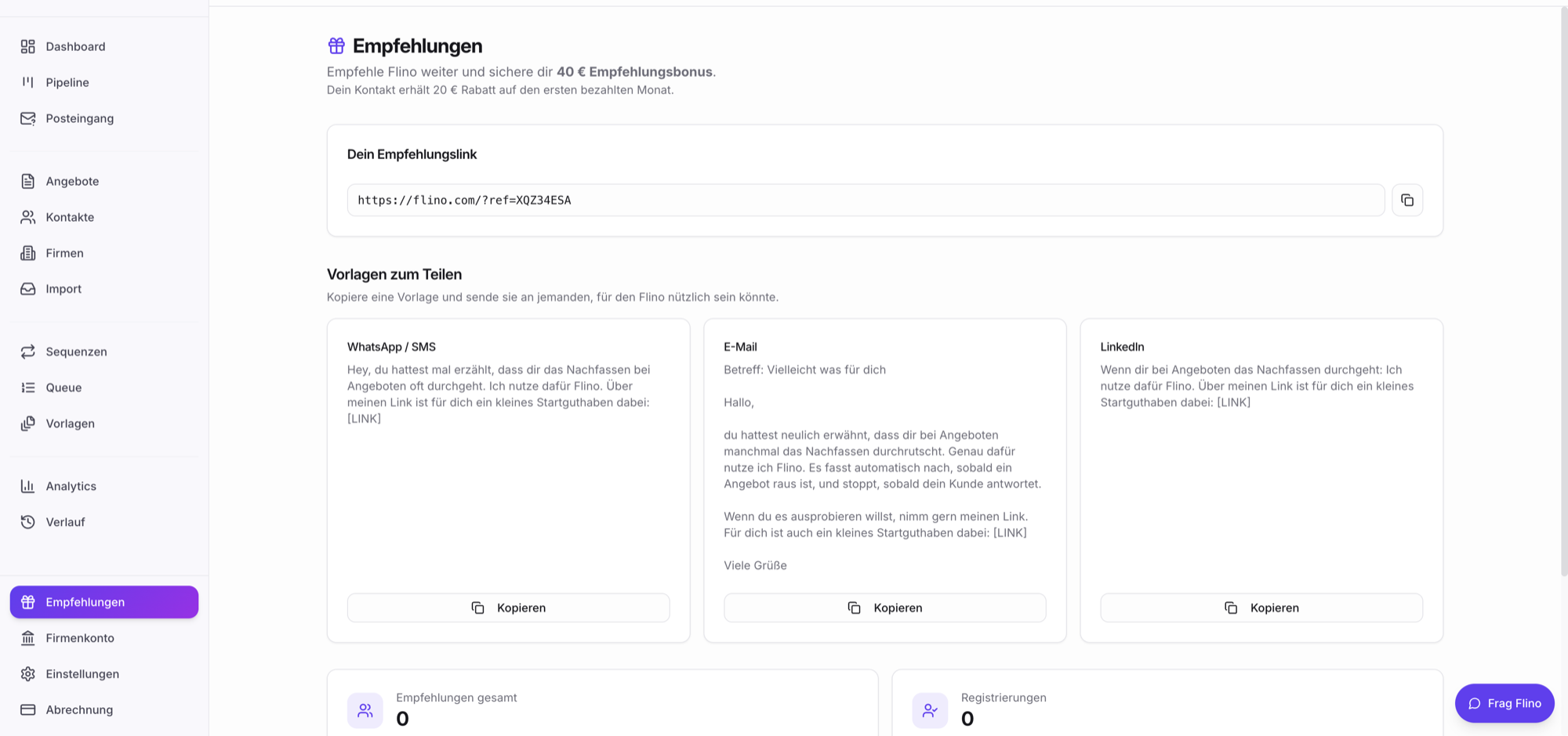 Screenshot: Empfehlungen-Page mit Link und Übersicht