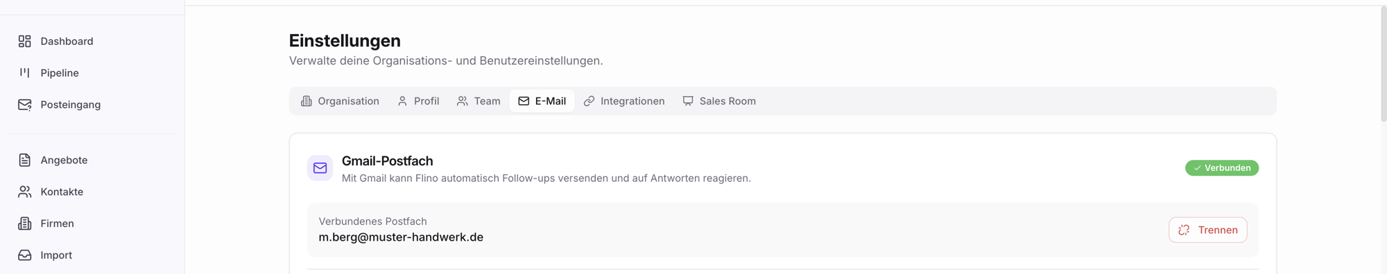 Screenshot: Bereich „Gmail-Postfach" in Einstellungen → Integrationen mit Status „Verbunden"