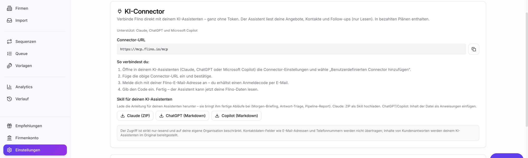 Screenshot: Karte „KI-Connector" in Einstellungen → Integrationen