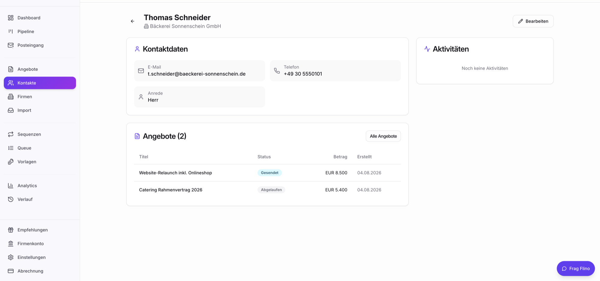 Screenshot: Kontakt-Detail mit Liste der zugehörigen Angebote