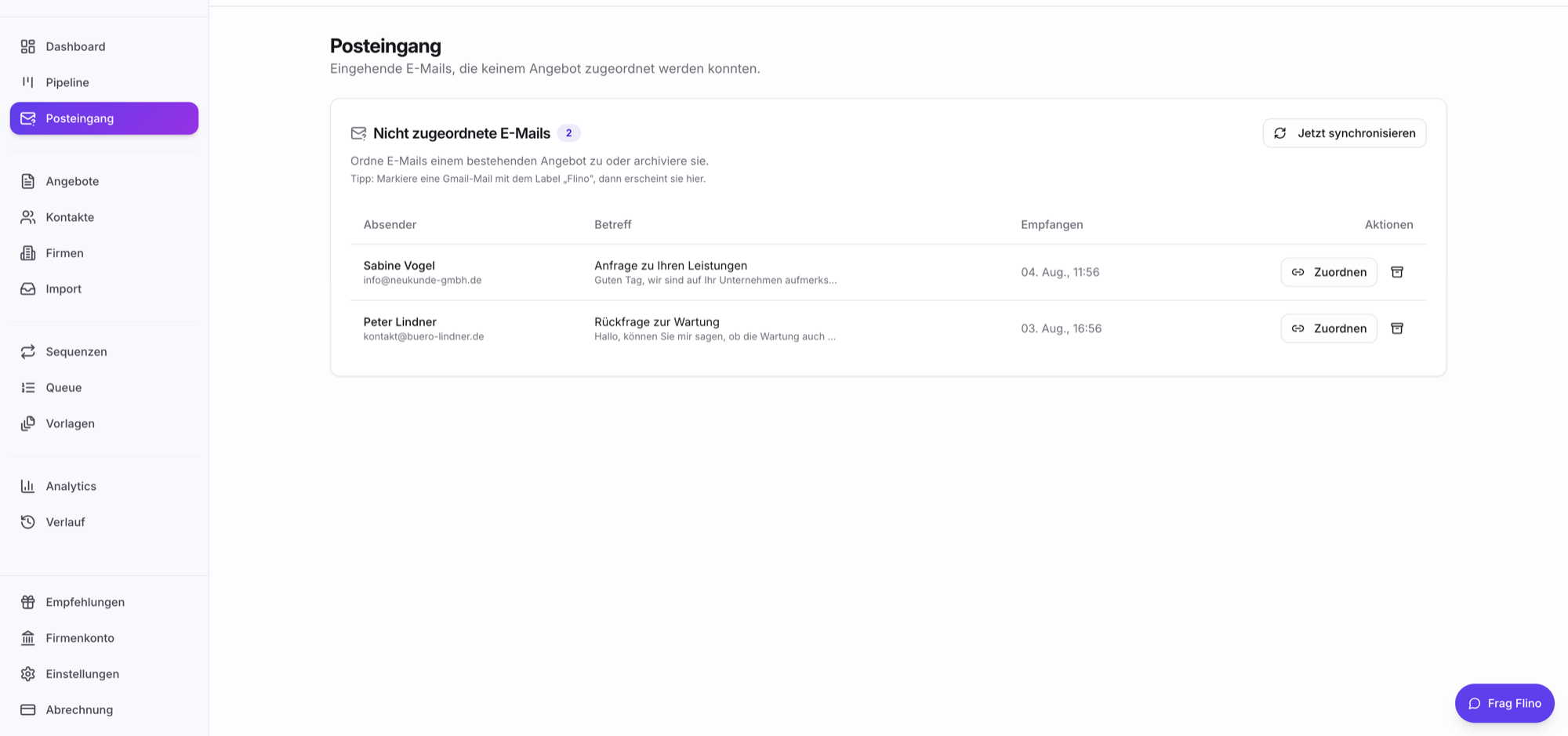 Screenshot: Posteingang mit unzugeordneten Mails und Sync-Button