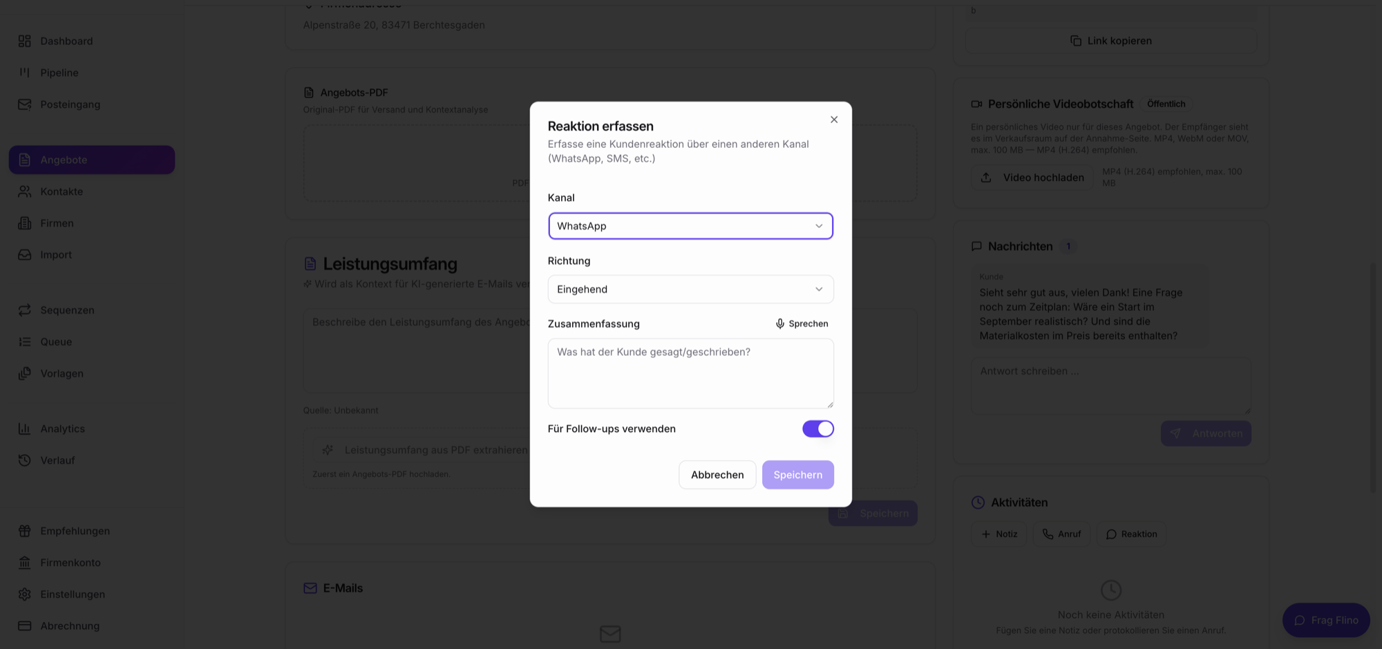 Screenshot: Dialog „Reaktion erfassen"