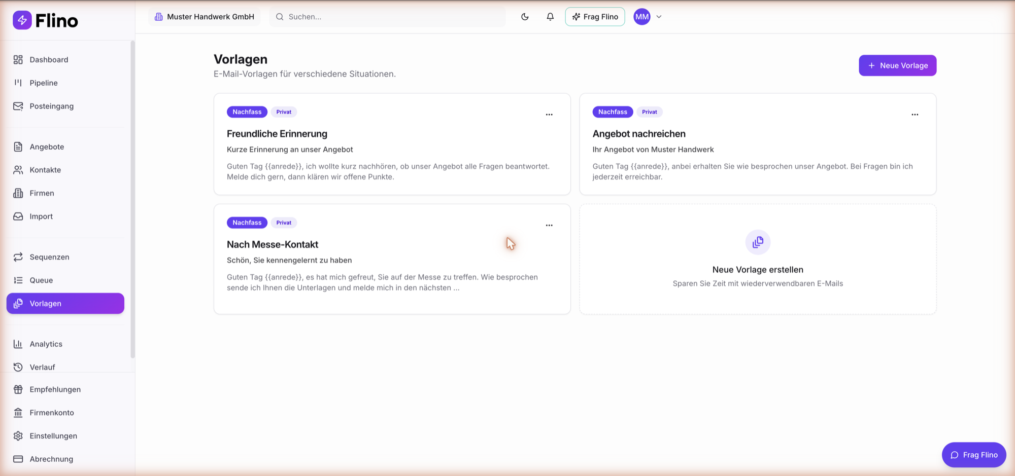Screenshot: Liste der Vorlagen mit Aktionen